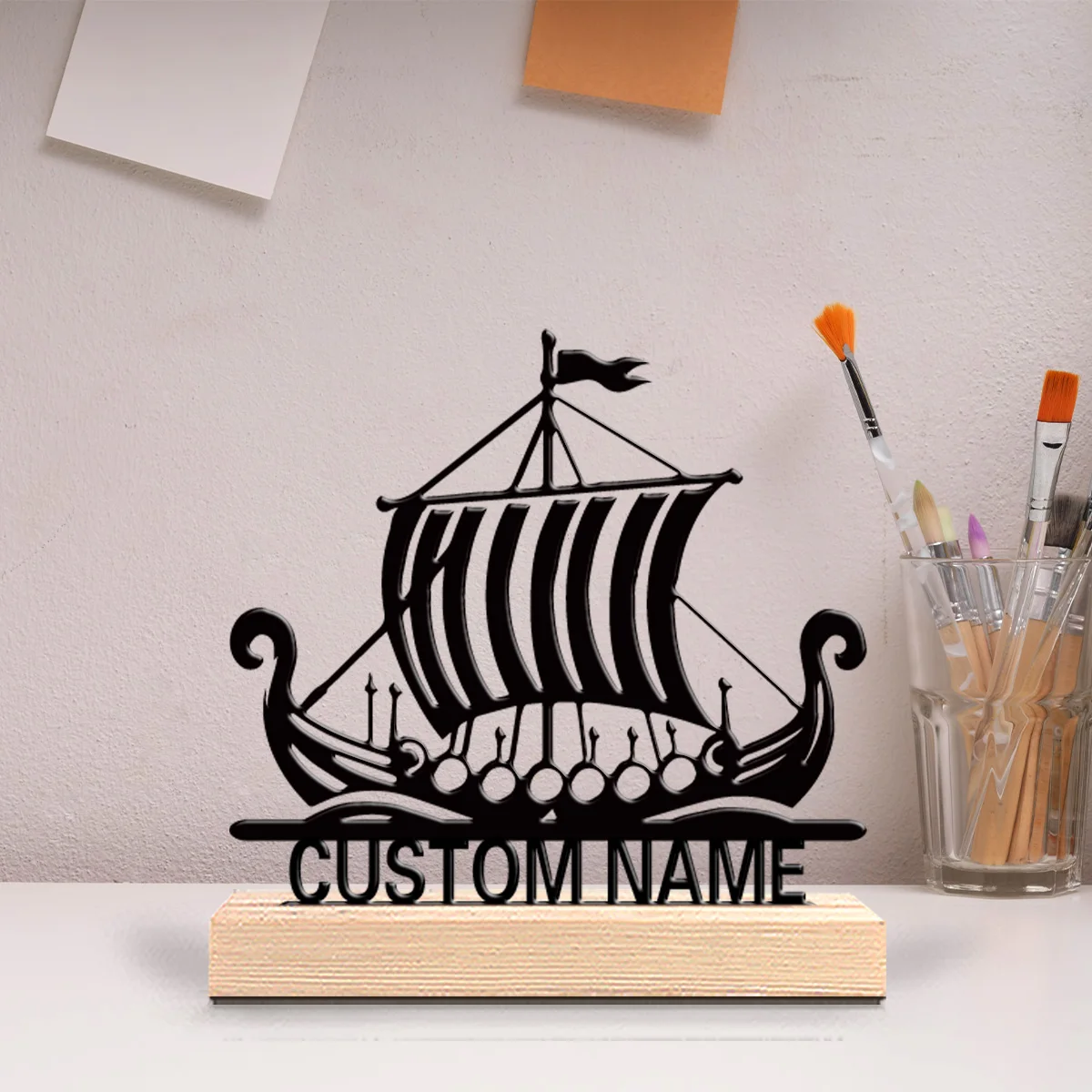 1pc Creative Sailboat Customizable Name Metal Statue Metal Ornament Art Crafts With Wood Base Tin Statue For Home Decor