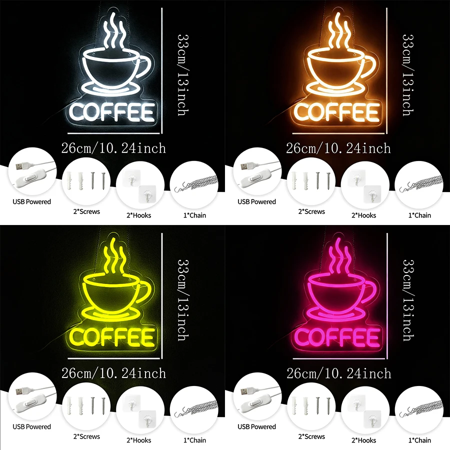علامات النيون LED للقهوة، وإكسسوارات النيون لبارات القهوة لديكور الحائط، وعلامات مضيئة للمحلات التجارية والمطاعم.