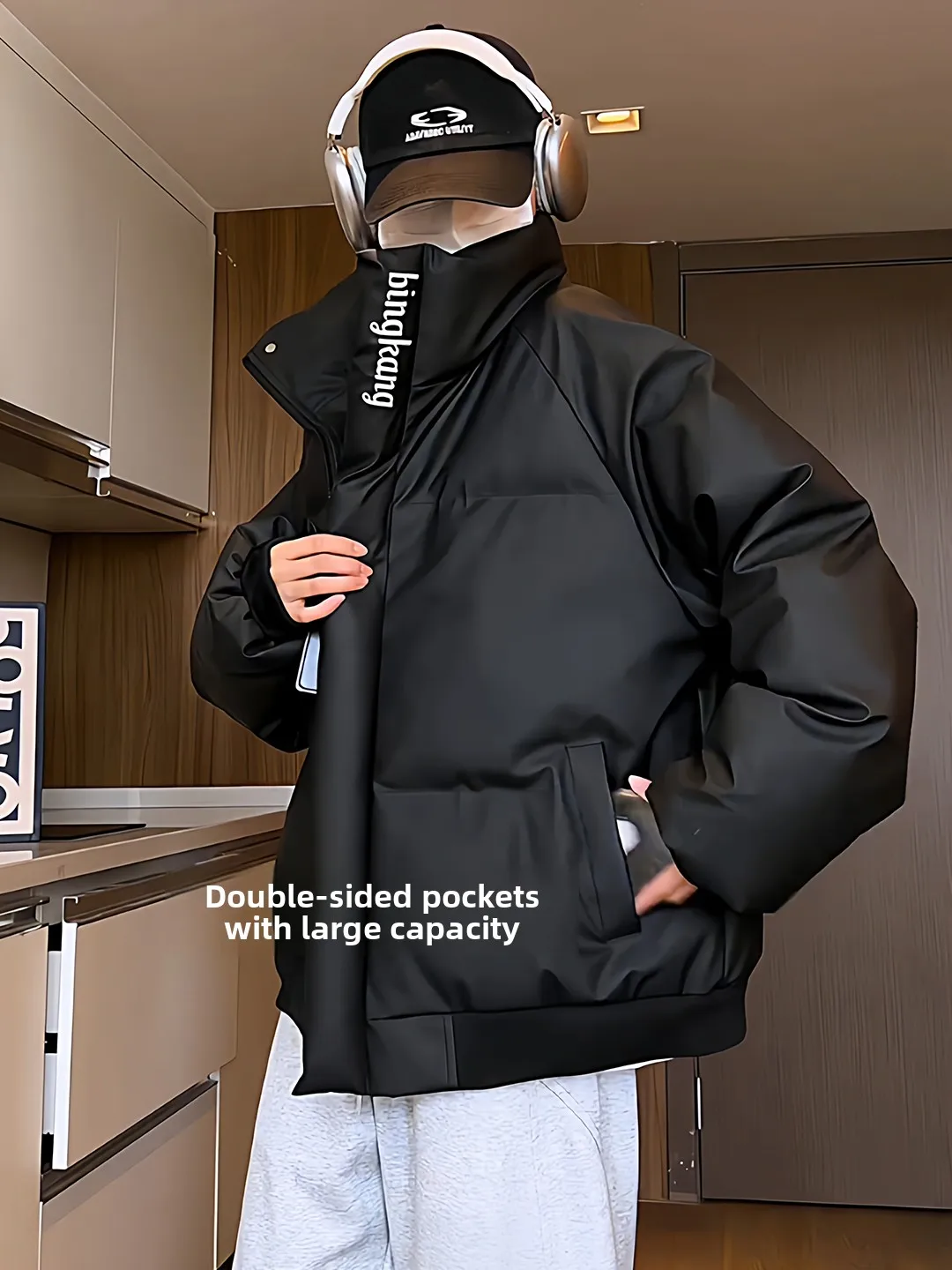 

American Sle Thiened Winter Jaet Men's PU Leather Stand Collar down Cotton Coat Bread Sle Coat Warmth And Sle