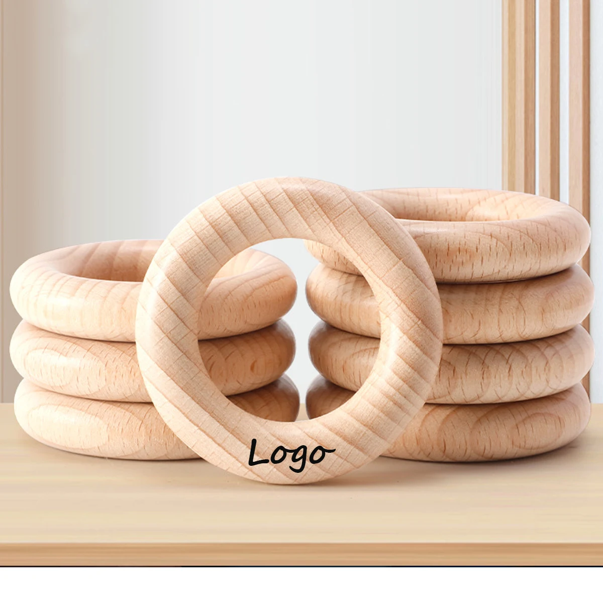 

Customize Logo Natural 70mm Wooden Ring for Craft Baby Teether Beech Round Circle Ring Teething Toy DIY Nursing Bracelets Rattle