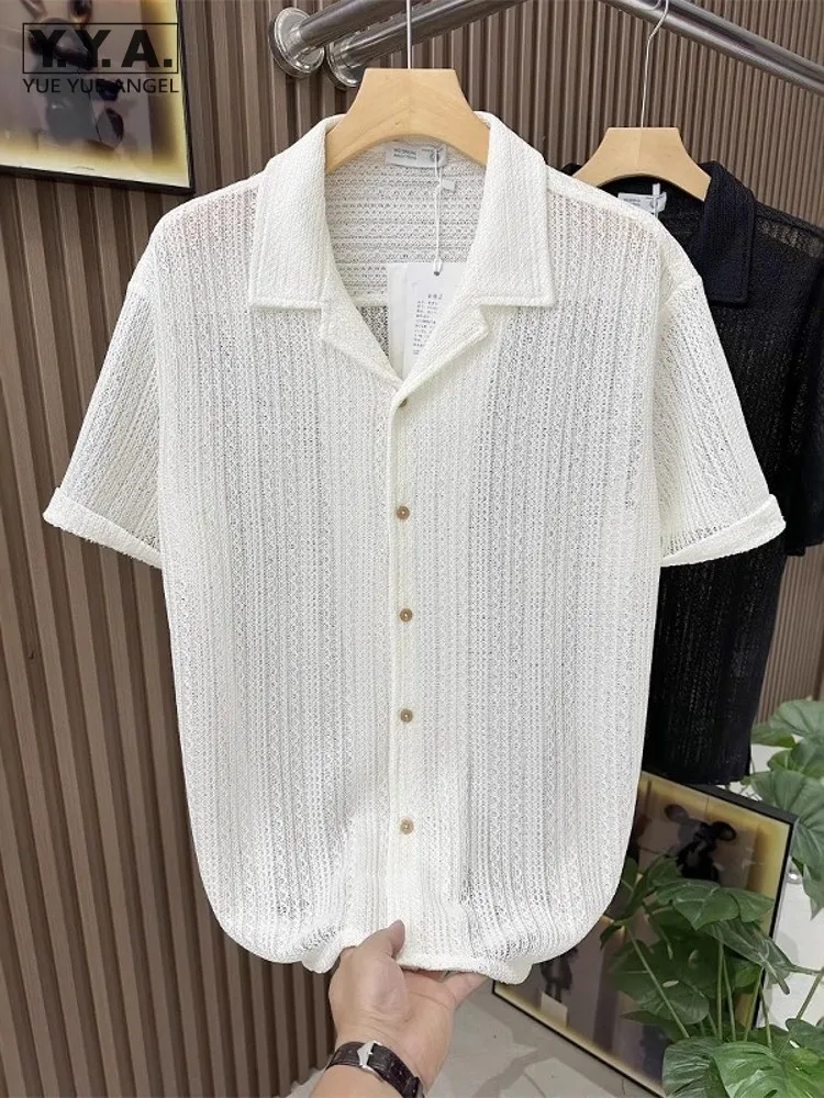 

Fashion Summer Mens Hollow Out Beach Shirt Single Breasted Breathable Short Sleeve Casual Tops Streetwear Male Travel Shirts Top