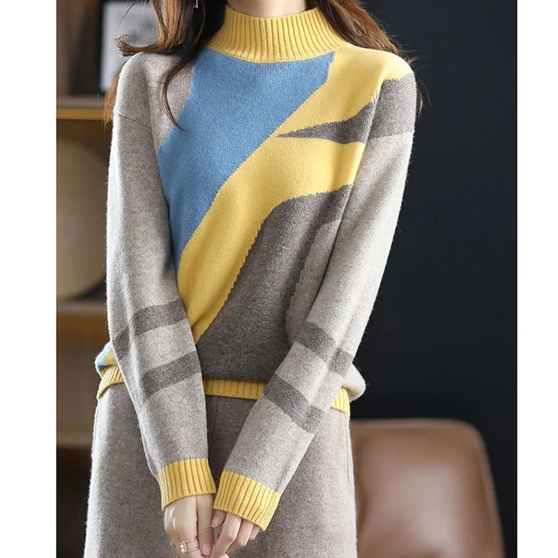 Fashion Elegant Patchwork Sweaters Women's Clothing Autumn Winter Female Korean Half High Collar Long Sleeve Knitted Pullovers