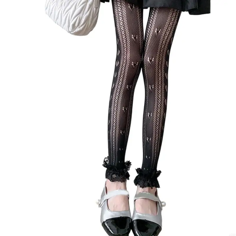 270D 여성 스타킹 하트 패턴 Footless 레이스 트림 레깅스 발가락 없음 팬티 스타킹