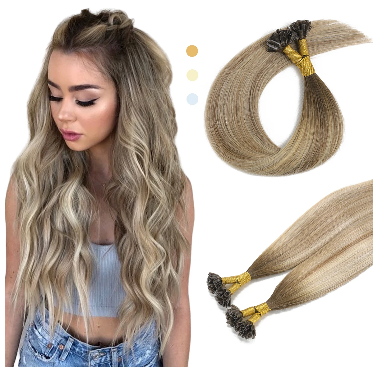 

XDhair U Tip Hair Extensions Human Hair 50 Strands 40g 50g Balayage Ombre Walnut Brown to Ash Brown and Blonde Hair Extension