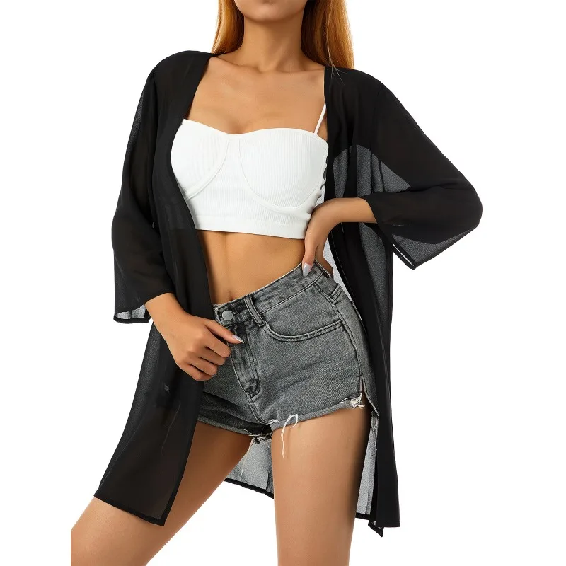 휴가 느슨한 카디건 솔리드 컬러 섹시한 비키니 비치웨어 수영복 여성 비치 선 스크린 커버 업 셔츠 우아한 긴 소매