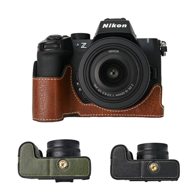 Litchi Skin PU Leather Half Body Cover for Nikon Z6III Z6II Z7II Z5II Z6 Z5 Z50II Camera Case Bag Battery Opening Magnetic Base
