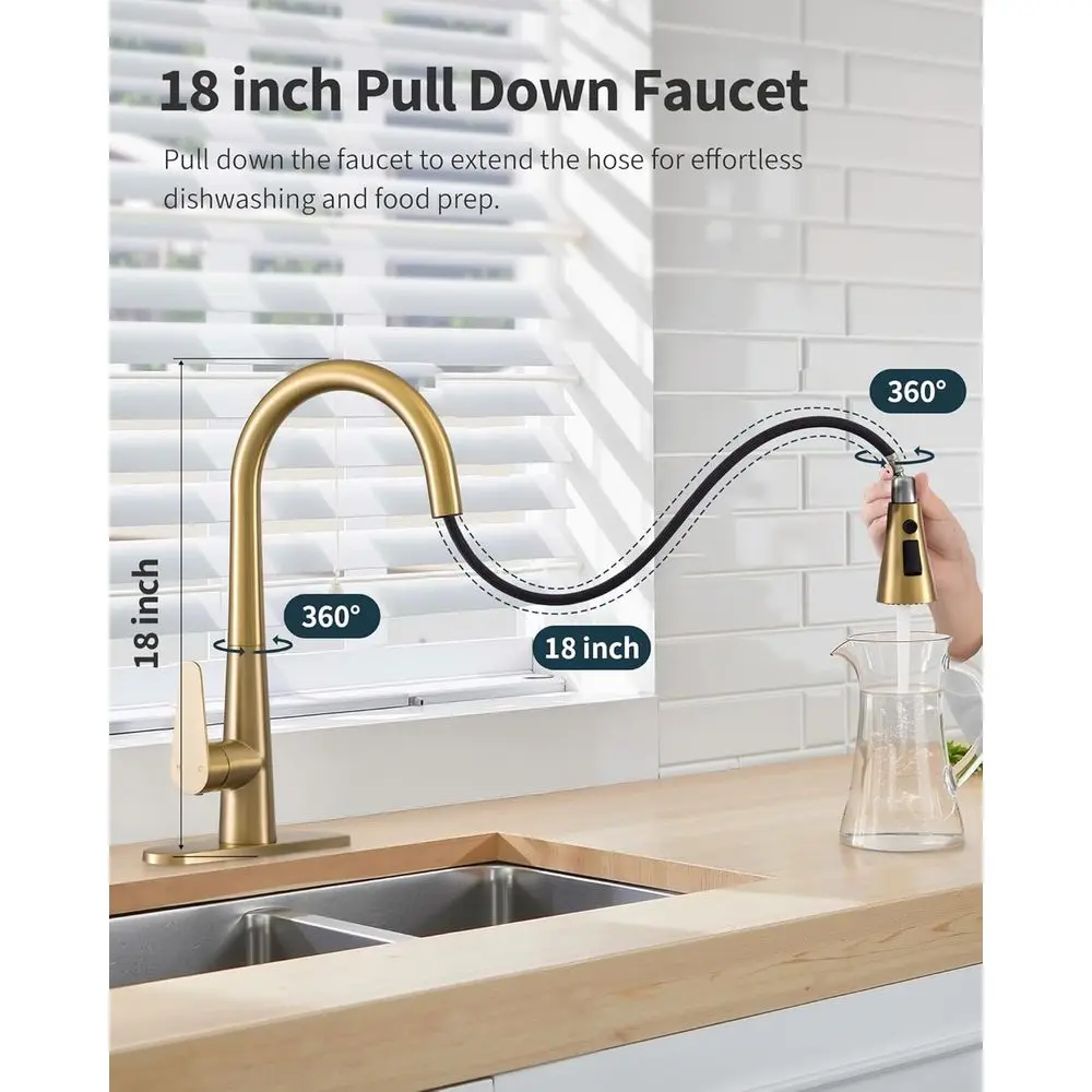 18 Pull-Down Spray Single-Handle Brushed Gold Kitchen Faucet for RV, Farmhouse Sinks, Laundry, and Bar