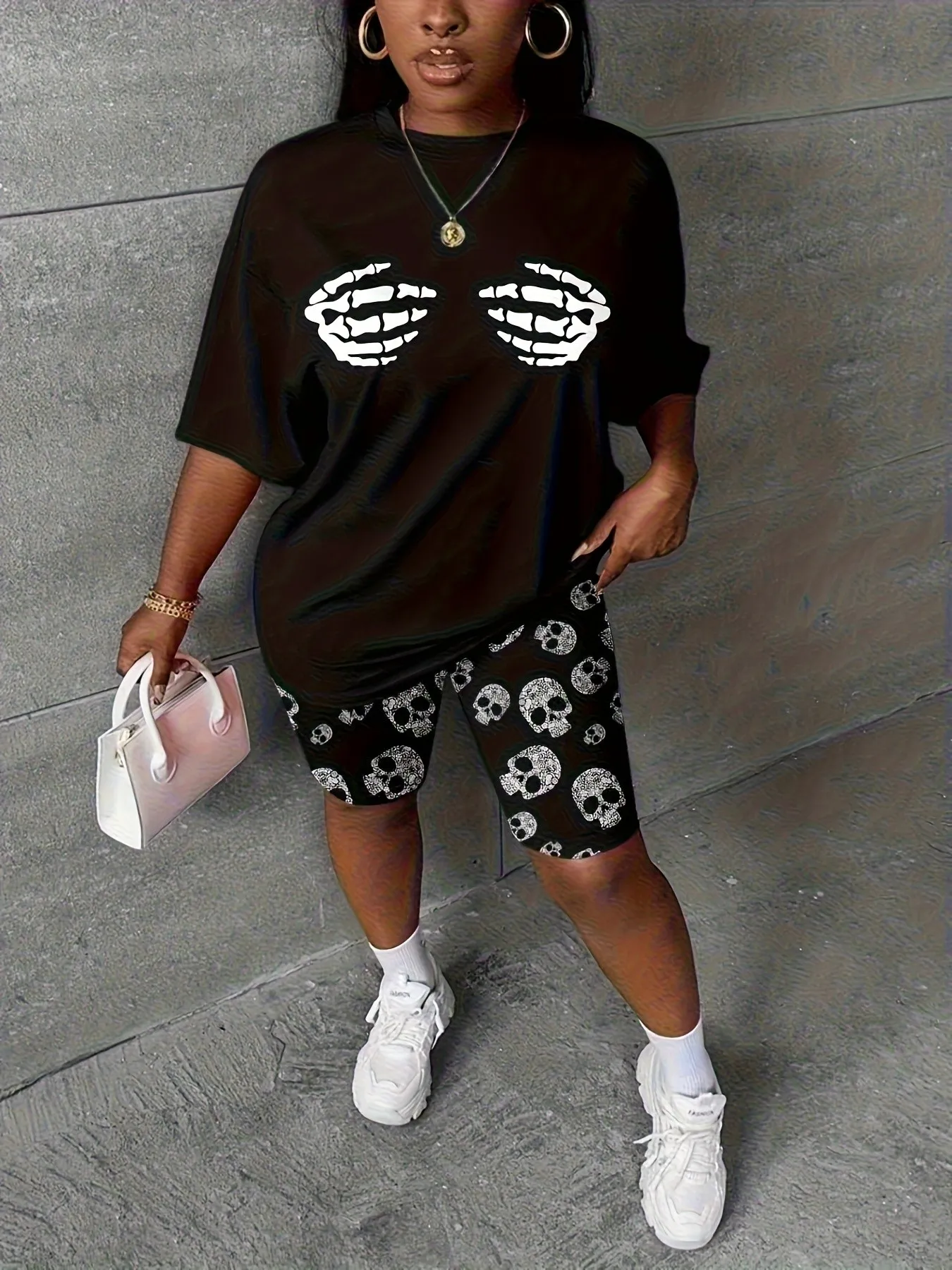 Summer women's suit with clutch skull-head print lightweight and breathable casual roller skating hip-hop streetwear clothing