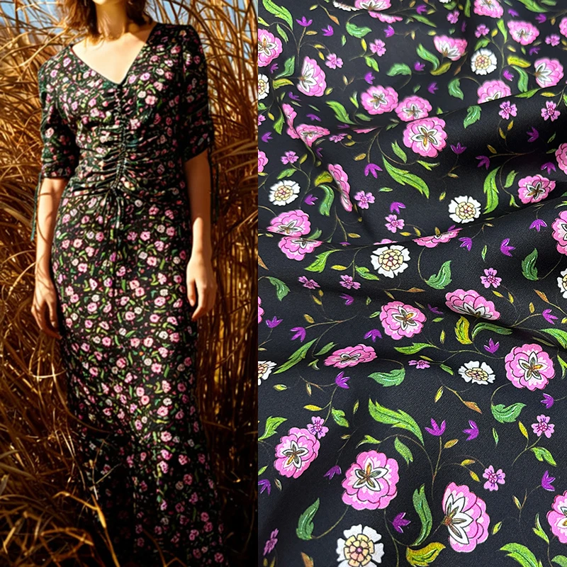 small-purple-pink-floral-printed-stretch-black-silk-fabric-for-summer-pants-dress-pajamas-diy-sewing-140cm-wide-20mm-thick-r6794