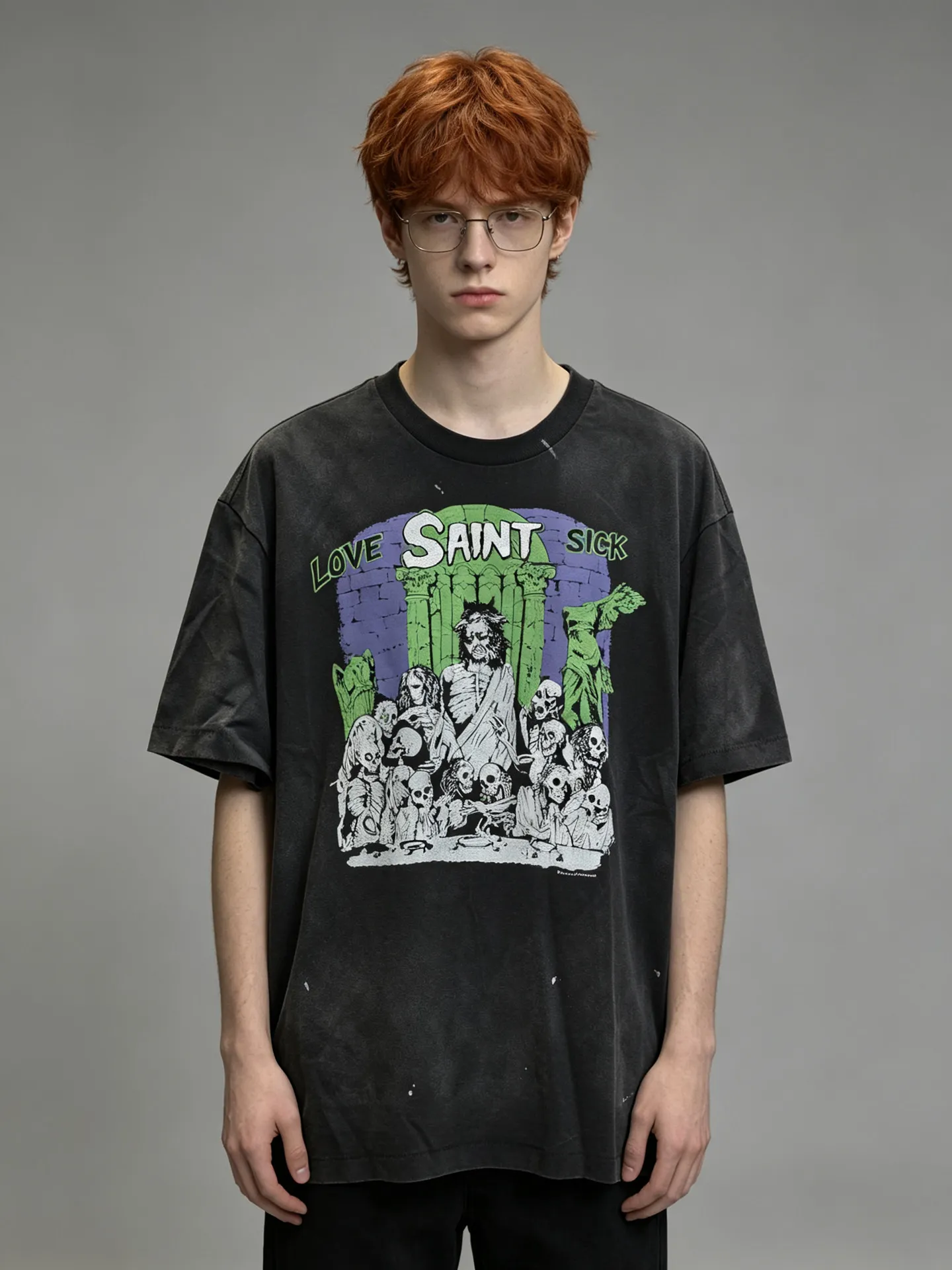 Yao Fashion Streetwear Hip Hop Tops Saint Tee New Vintage Kanye West Hip Hop Splashing ink skull T-shirt For Men Clothing