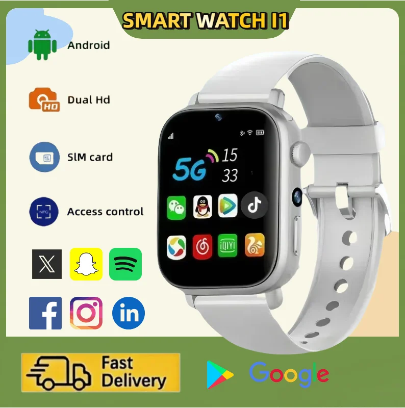 جديد I1 4G Android مكالمة فيديو ساعة ذكية بطاقة SIM 1.99 ''410*502 HD شاشة، GPS WIFI كاميرا مزدوجة، الأطفال والطلاب