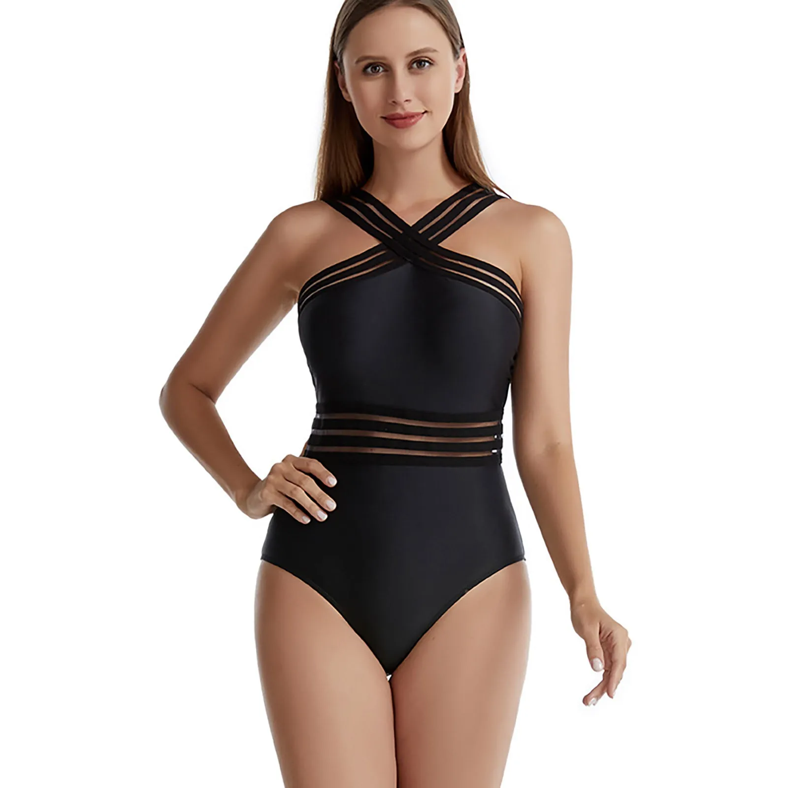 2025 Women's Swimsuit Women Belly Slimming Mesh Patchwork Sexy Solid Color Halter Beachwear Bodysuit Bathing Bikini Suit