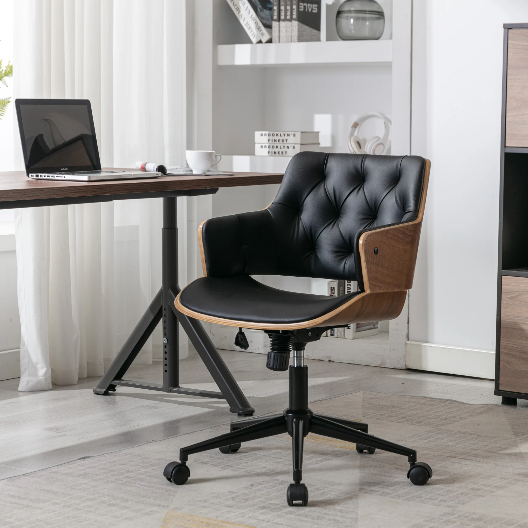 Bentwood-silla de oficina ajustable, tapizado de cuero PU negro, muebles de oficina de pie negro