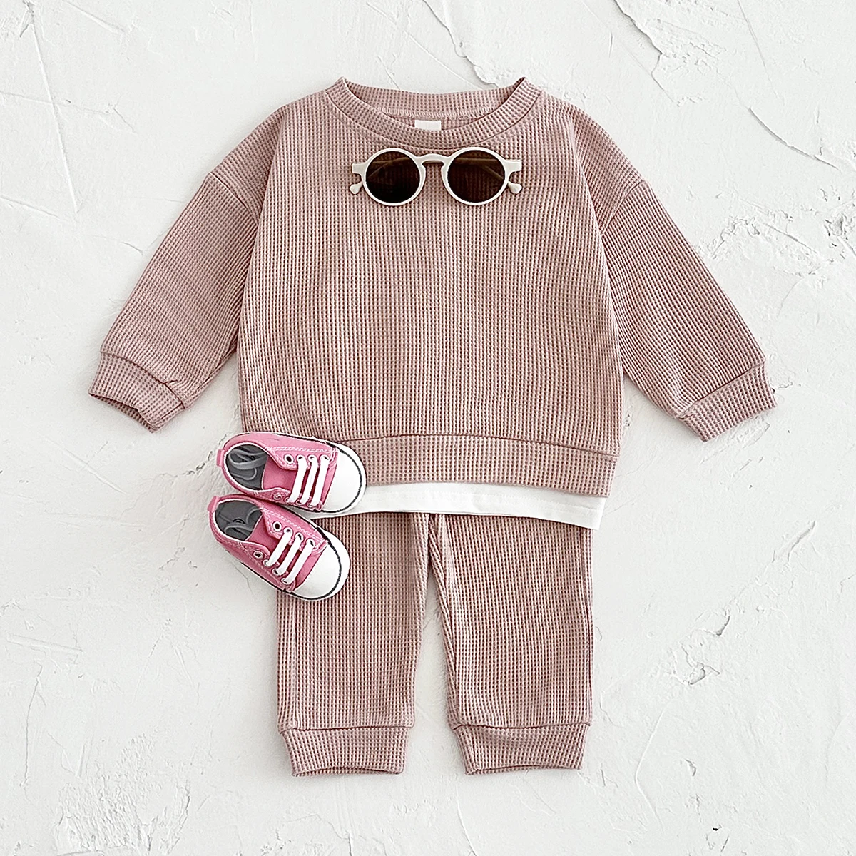 Autumn New Baby Clothes Sets Korea Waffle Cotton Children Clothing Loose Tracksuit Pullovers Top s+Pants 2PCS Infant Baby 0-3Y