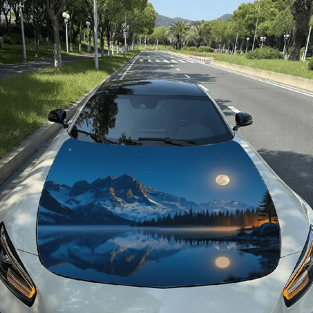 Full moon rises over a mountain range reflected in a lake car hood sticker premium vinyl sticker for automotive durable pvc viny