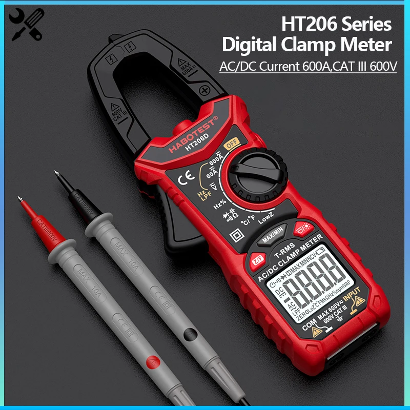 HT206 AC DC Digital Clamp Meter Multimeter Pinza Amperimetrica True RMS Auto Range High Precision Capacitance NCV Ohm Hz Tester