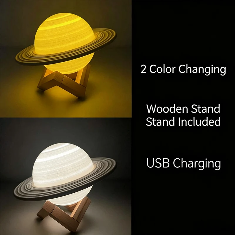 Rechargeable Saturn Planet Lamp LED Night Light Strip Wooden Base Night Light For Home Decoration Gift