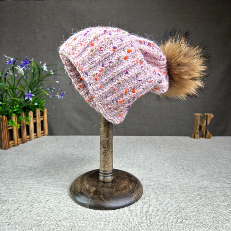 High quality rabbit fur knitted raccoon fur ball hat for autumn and winter travel versatile pile hat woolen hat trendy women