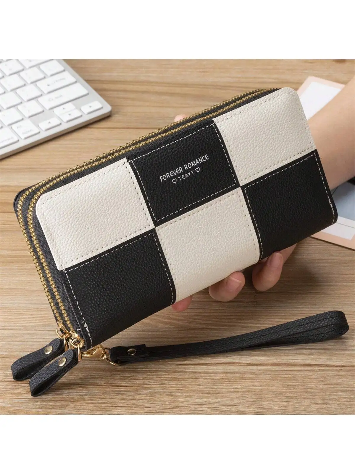 Women's Long Clutch Wallet Three Color Splicing Simple Zipper Phone Bag Money Clip Wallet Leather Wallet