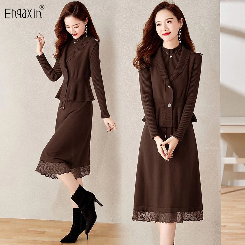 

EHQAXIN Women Knit Dress Set 2023 Fashion Autumn Winter V-Neck Button Slim Vest Coat+Elegant Splice Lace Sweater Dress Set M-3XL