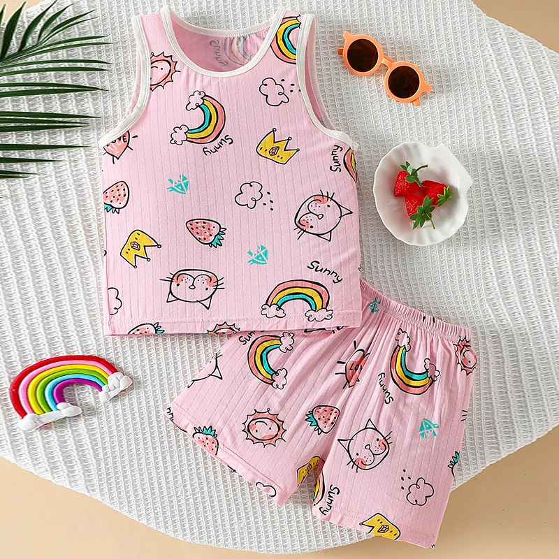 3/2 Pieces Summer Children's Leisure And Holiday Suit Girl Sweet And Lovely Cool Vest Combination Boy Joker Shorts Home Clothes