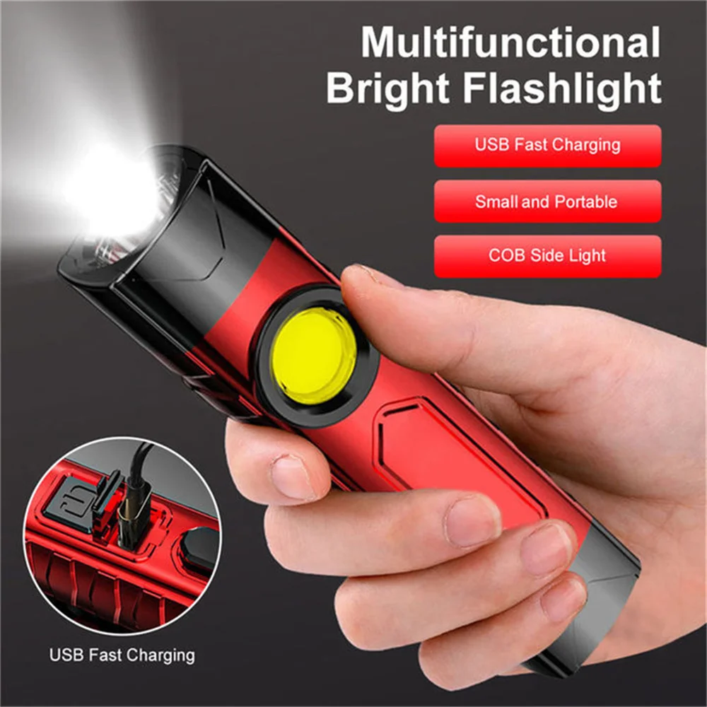 Portable LED Flashlight with COB Side Light Rechargeable Camping Fishing Lamp Outdoor Work Light Waterproof Torch Emergency Lamp