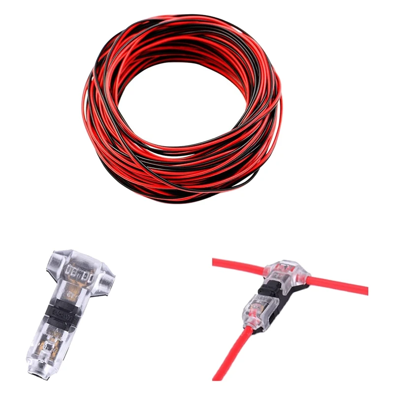 22 AWG Red Black Wire 65.5Ft And 12 Pack 3 Way 1 Pin Wire Connector, T Type Solderless No Stripping T Tap Wire Connector