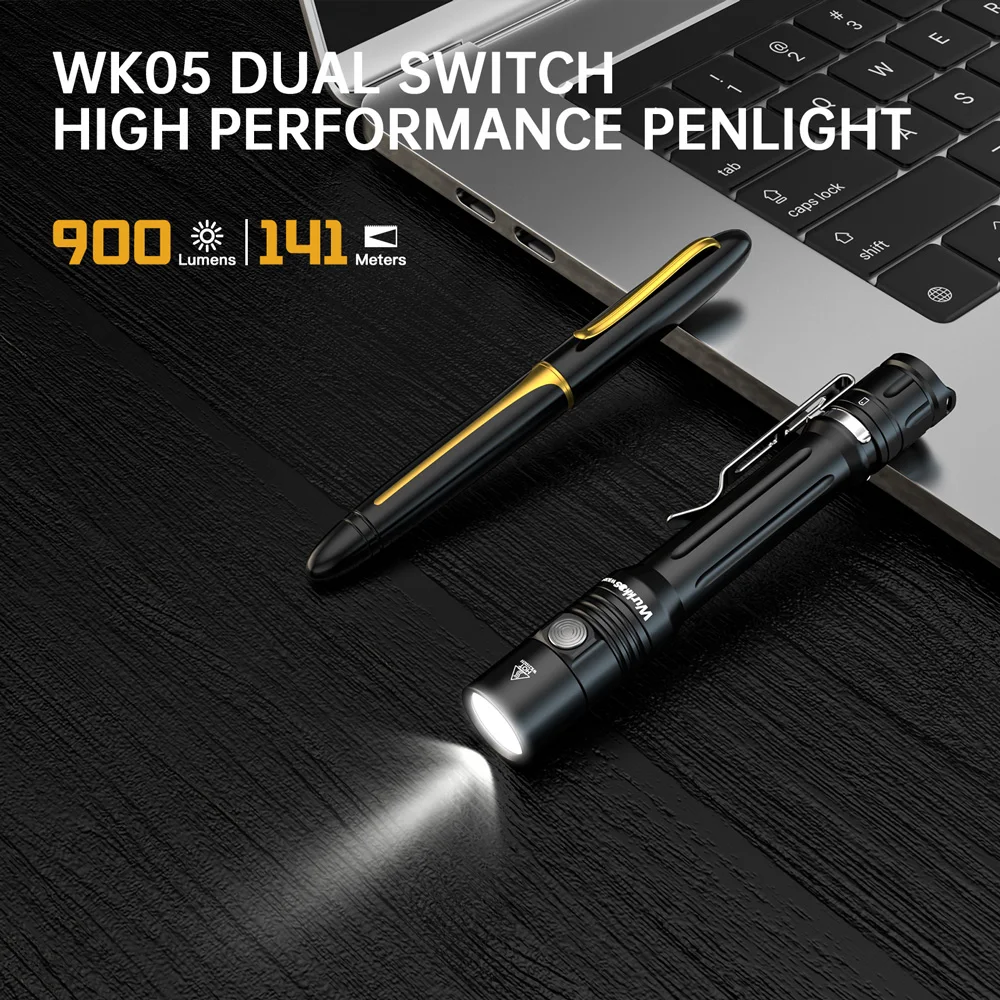 Imagem -02 - Wurkkos-edc Bolso Mini Lanterna Luz de Trabalho Led Lâmpada Caneta Portátil Interruptor Duplo Ip68 Wk05 14500 aa Bateria 900lm 519a