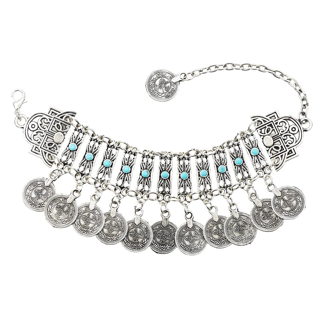 Vintage Silvery Color Tibet Carved Charm Bracelet For Women Men Butterfly Coin Bangles Gypsy Ethnic Turkish Afghan India Jewelry