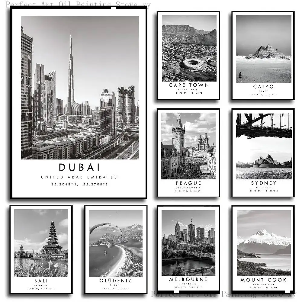Dubai Prague Sydney Perth Tokyo Travel City Black White Poster Self-adhesive Art Room Entrance Restaurant Wall Decor Art