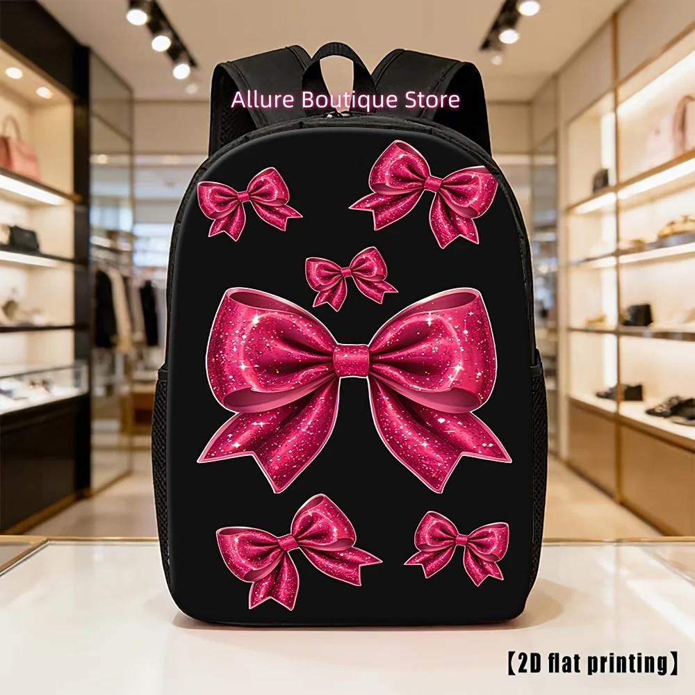 Beautiful Shiny Pink Bow Print Casual Backpack, Suitable for Teenage Girls And Fashionable Ladies, Perfect for School, Shopping,