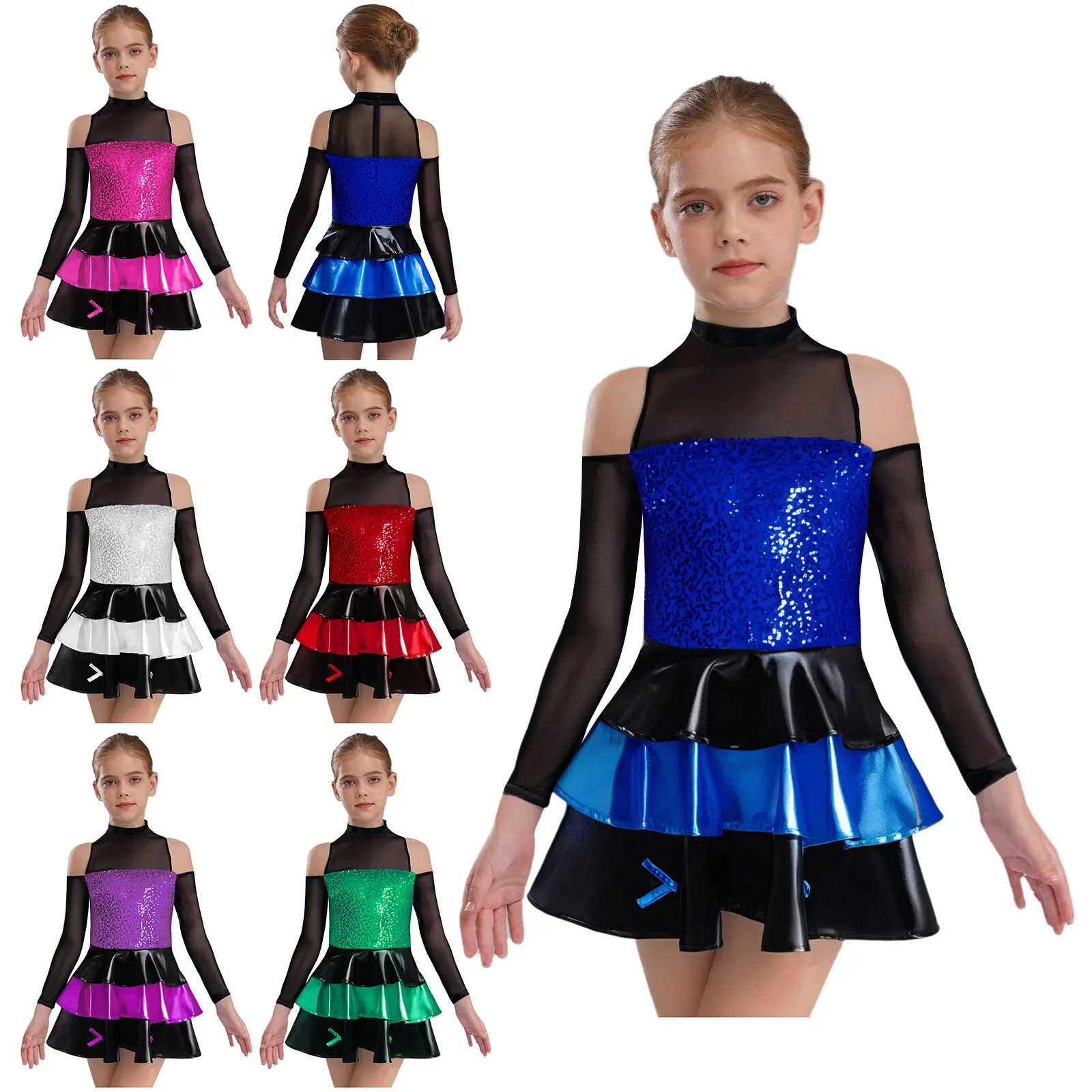 Meisjes Jazzdans Jurk Kunstschaatsen Kostuum Lange Mouw Glanzende Pailletten Tiered Verstoorde Ballet Tutu Ritmische Gymnastiek Turnpakje