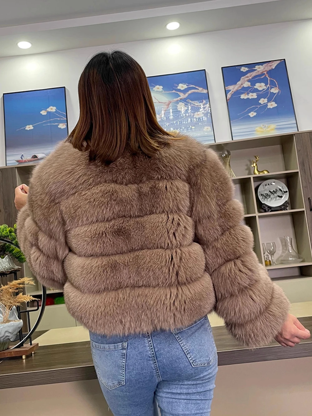 Real Fox Fur Short Jacket for Women, Female Luxury Winter Coat, Full Sleeves, Beige Natural Fox Fur, Cropped for Girls