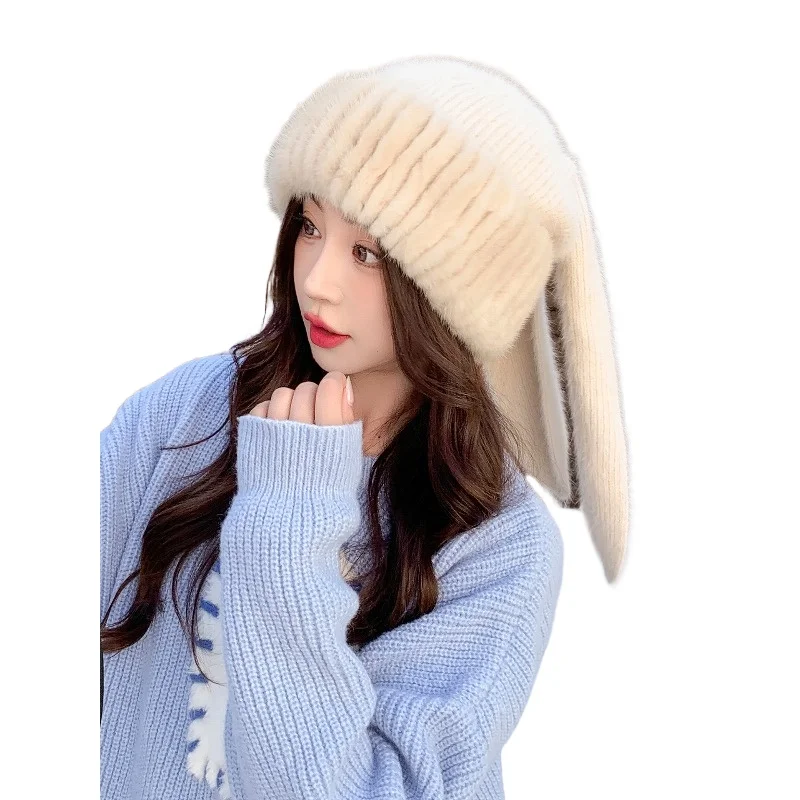 

Новинка 2025, меховая шапка из норки, женская зимняя защита ушей, шерстяная вязаная шапка из норки, модная утолщенная милая норковая шапка