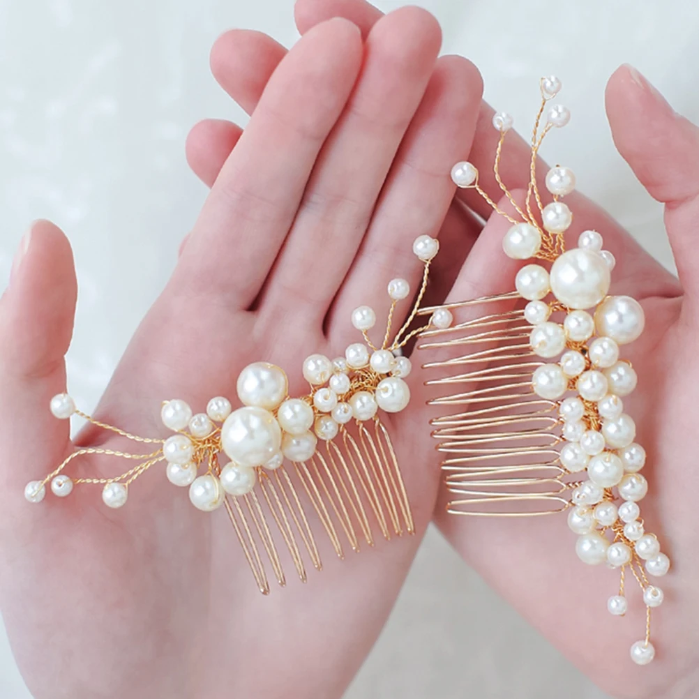 

2pcs Pearl Hair Comb Set Handmade Bridal Hairpin Wedding Hairpiece For Women Bridesmaids Updo Half Updo Hairstyle Decoration