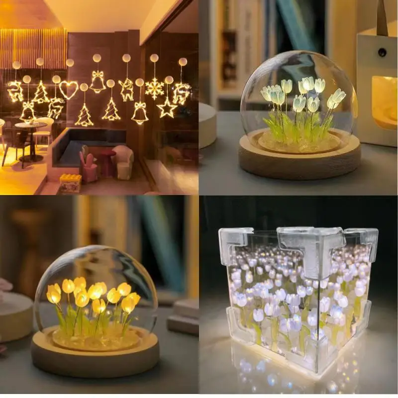 Luz nocturna de tulipán hecha a mano, Material artesanal, cubo, espejo de tulipán, decoración de dormitorio, lámpara de ambiente, regalo de cumpleaños del Día de San Valentín