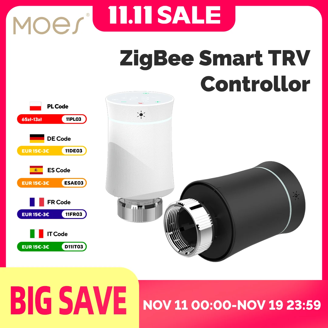 MOES ZigBee 3.0 TRV Thermostat Tuya Radiator Actuator Valve Smart Programmable Temperature Controller Alexa Google Voice Control