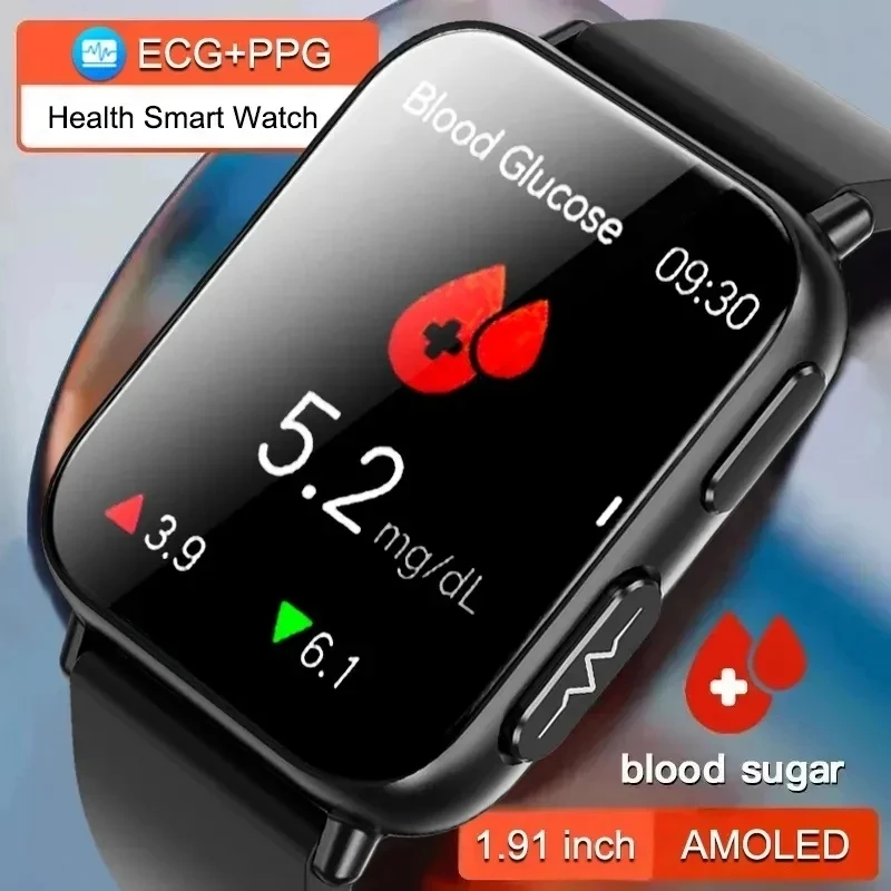 Misura accurata Glucosio nel sangue Smart Watch da uomo ECG + PPG Frequenza cardiaca Ossigeno nel