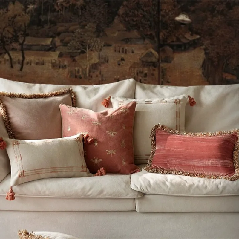 Luxury Velvet Cushion Cover 50x50cm Bee Embroidered Throw Pillow Case with Tassel for Sofa Bedroom Living Room Home Decor Square