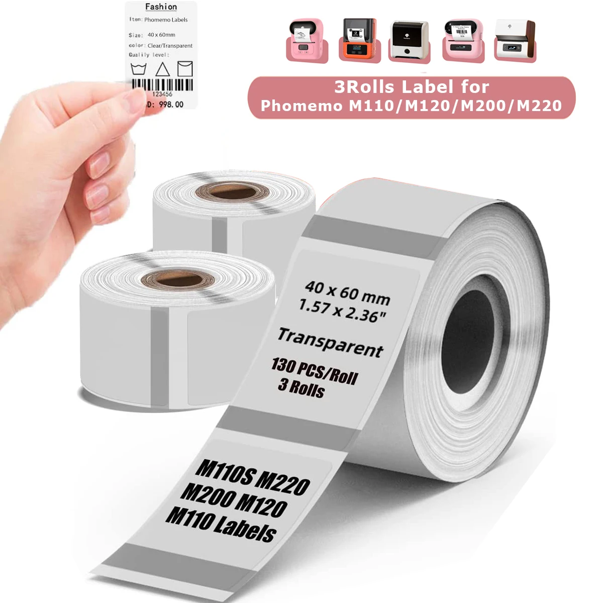 3Rolls Adhesive Paper for Phomemo M110/M200/M220, Transparent/White/Color Label for Barcode  DIY Logo Design  Jar