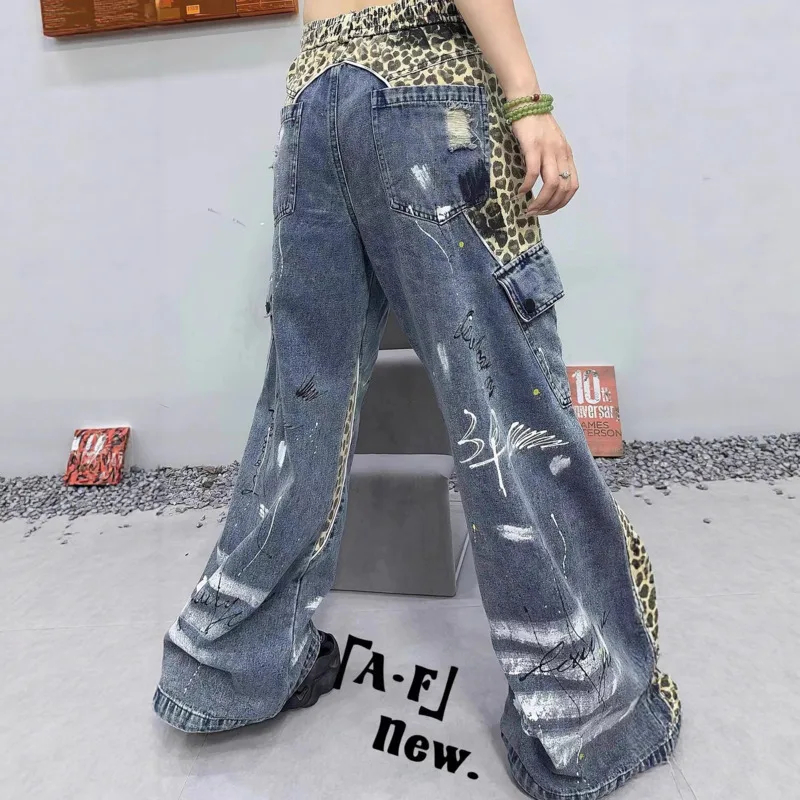 ANJY Autumn New Women European Jeans Heavy Craft Leopard Print Patchwork Painted Graffiti Letter Large Pocket Denim Pants A13545