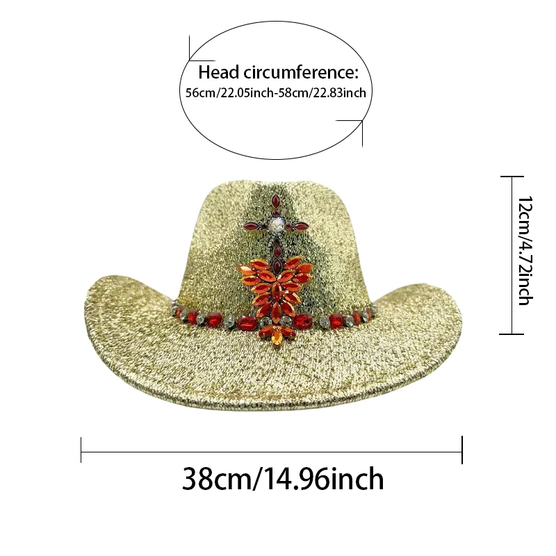 HongLuan gouden glitter kostuumhoed volwassene, cowboyhoeden strass voor dames, cowboy cosplay vrouwelijke accessoires en cowgirl pet