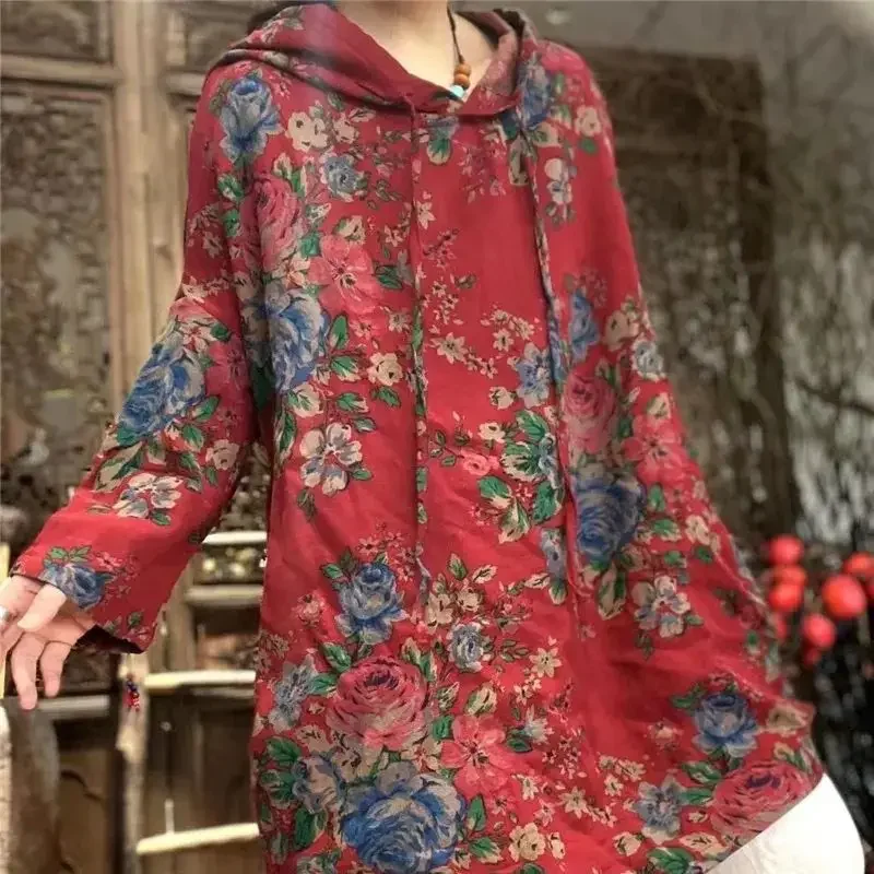 Vintage Floral Blouses Women Spring New Casual Long Sleeve Loose Cotton Linen Tops Stylish Red Hooded Shirt Literary