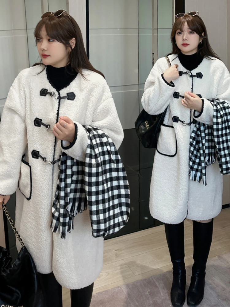 Mid length VersionContrast Faux Lamb Wool Coat For Women's Two-sided Coats Teenager Girls Outwear Overcoat