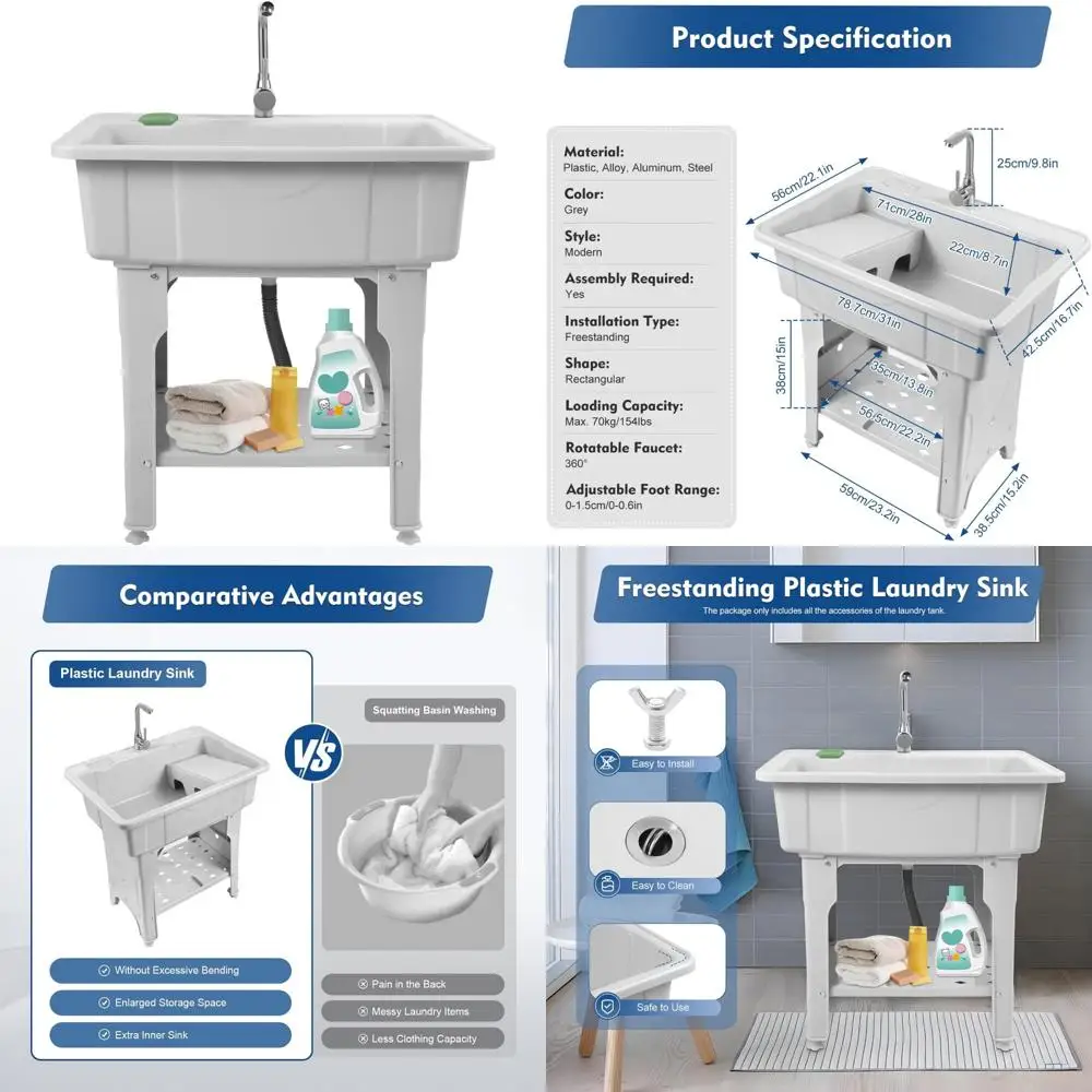 Freistehendes graues Waschbecken mit Ablagefach und Waschbrett für geräumige Nutzräume