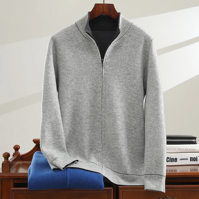 

Зимний мужской кашемировый двусторонний двухцветный кардиган Merino, свитер с длинными рукавами и молнией-стойкой, повседневный высококачественный топ