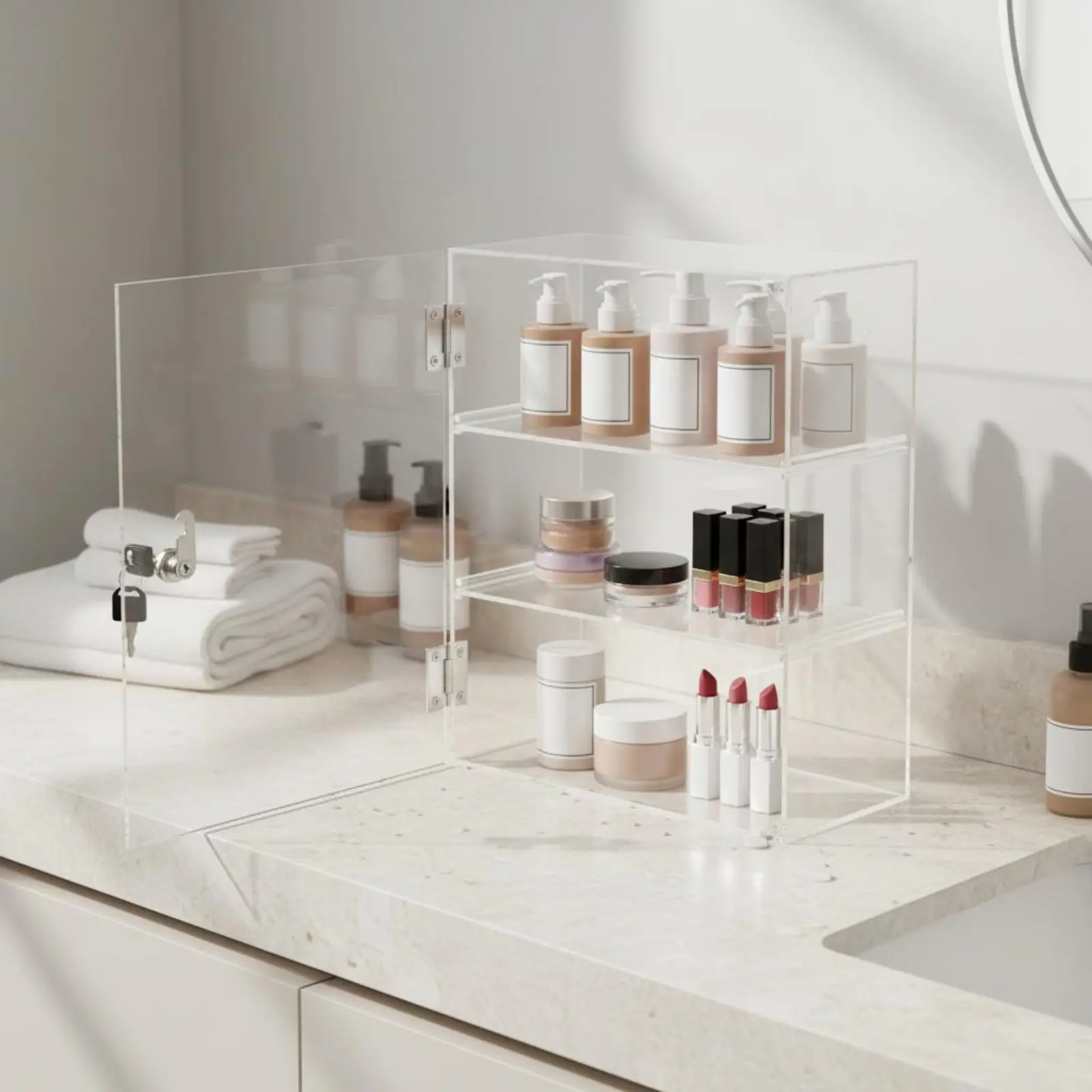 

Locking Acrylic Display Case Lockable Wall Mountable Showcase Clear Display Case High Clearness 3 Tier Figure Showcase
