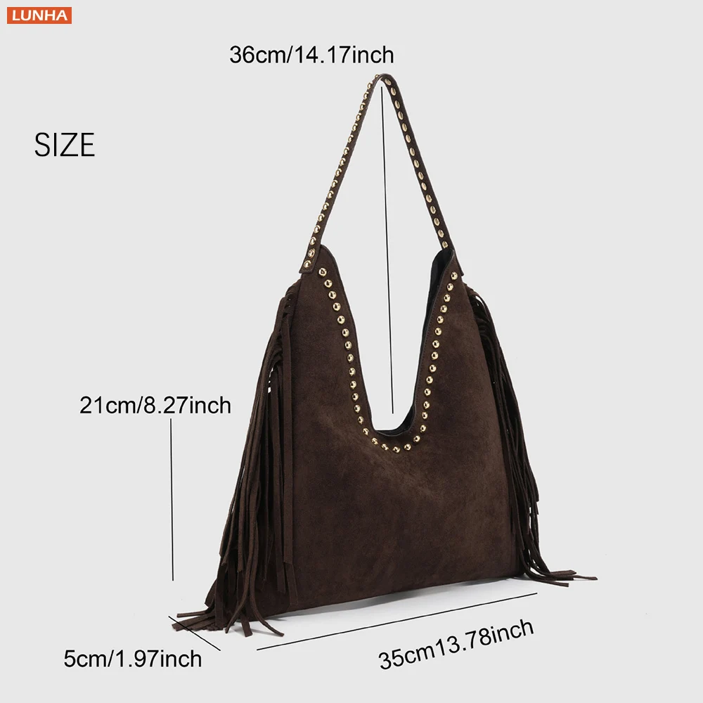 Fringe Hobo Bag for Women Studded Shoulder Bag Punk PU Suede Tote Purse for Daily Wear Casual Outings