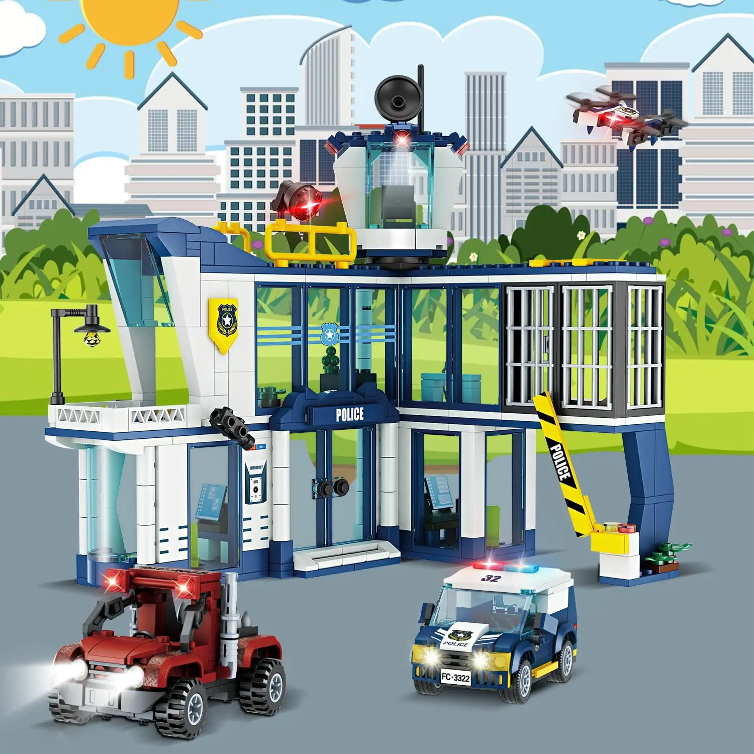 3 IN 1 City Police Station Building Blocks Toy STEM Set with Police Car Bandit Car Drone Bricks Toys for Kids 6+ years Boys Gift
