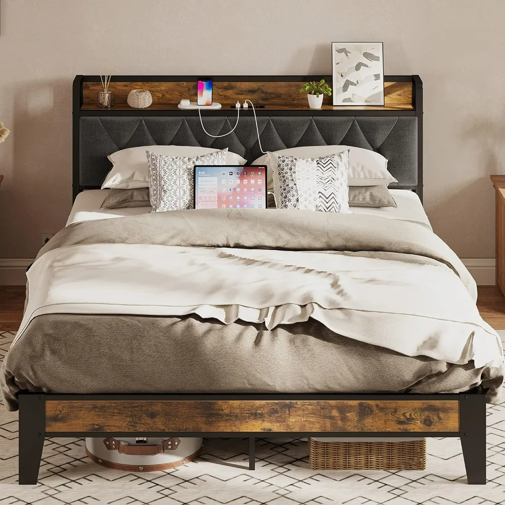 bed.Full Size Bed Frame, Storage Headboard with Outlets, Easy to Install, Sturdy and Stable, No Noise, No Box Springs Needed